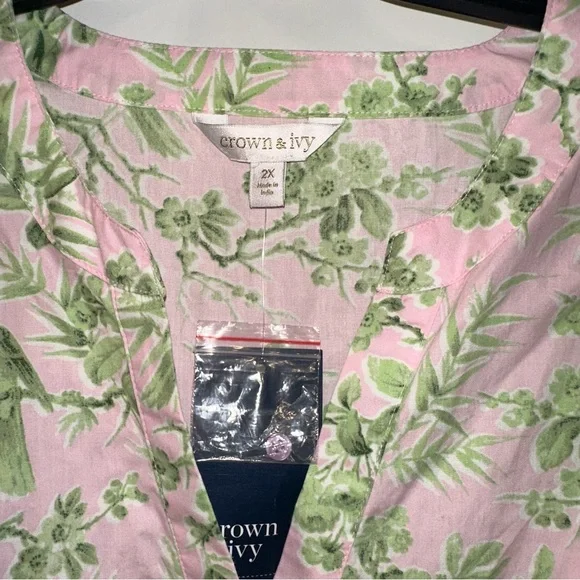 Crown & Ivy 3/4 sleeve Tiered Dress Pink Green Toile NWT 2X with Pockets - Picture 4 of 7